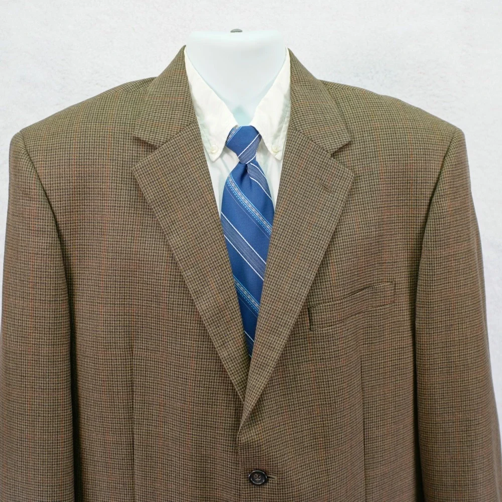 Pronto Uomo Wool Brown Tan Houndstooth W/ Red Orange Winowpane 44R Sport Coat